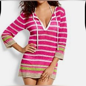 Tommy Bahama Swim Linen‎ Knit Crochet Beach Cover Up Beige/Pink Women’s Small